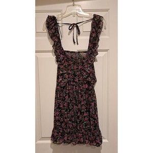 NWT Zara Black & Pink Floral Ruffle Square Neck Mini Dress Size Medium